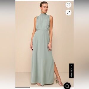 Lulu's Classic Elegance Sage Chiffon Sleeveless Mock Neck Maxi Dress